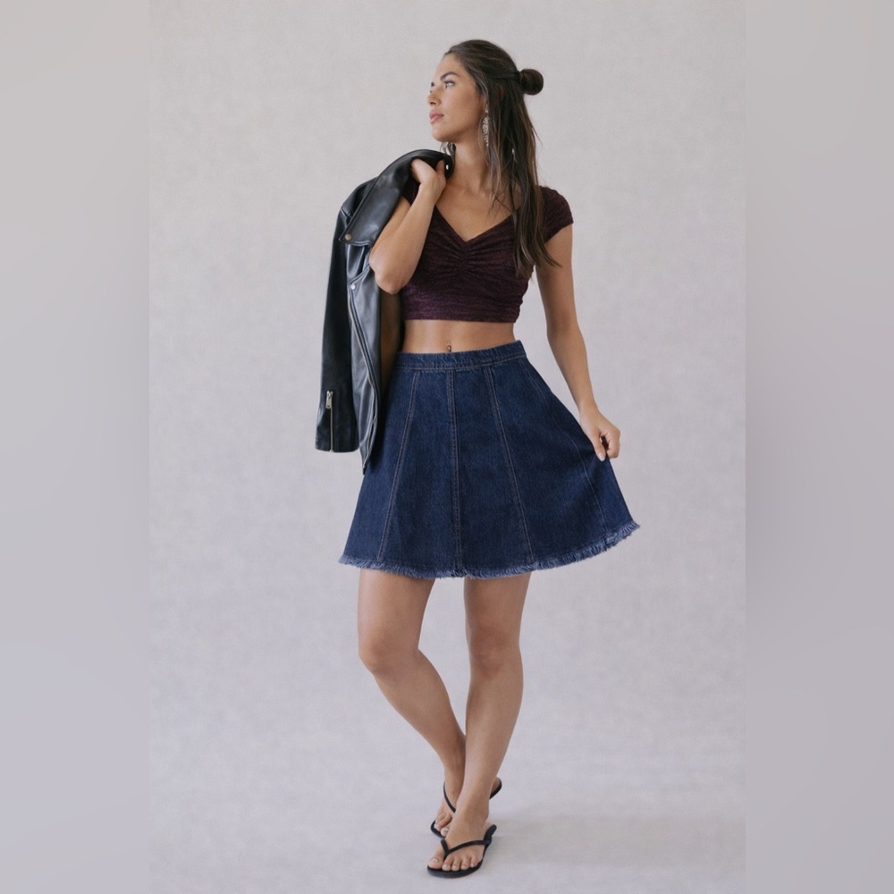 Alter’d State Denim Mini Skirt A-Line Frayed Hem Blue L NWOT